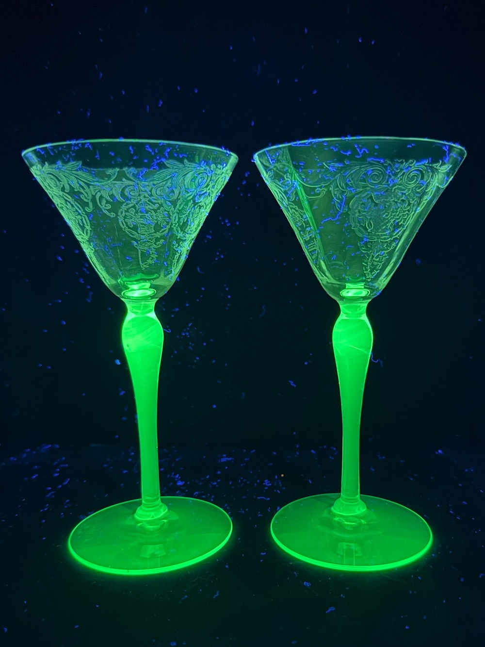 Rare 2 Tiffin Arcadian Psyche Green Stem Etched "Basket" URANIUM Water Glass